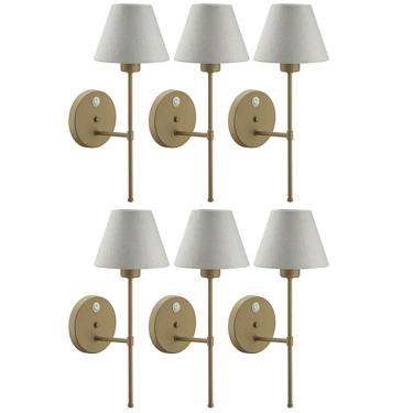 Imagem de Jogo 6 Luminárias Arandelas de Parede Douradas com Interruptor Internas Cúpula Tecido Natural Bivolt