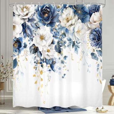 Imagem de Omifly Cortina de chuveiro floral azul branca 152 cm L x 182 cm flor rústica rosa planta botânica ouro folhas country mulher primavera com 12 ganchos de plástico tecido impermeável acessórios de
