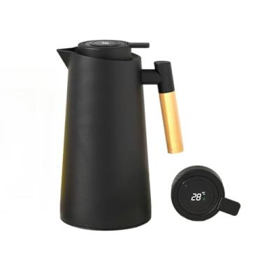 Imagem de Garrafa Térmica De Água 1000ml Com Termômetro Digital LED Para Chás Café Cabo Em Madeira Design Elegante(Preto)