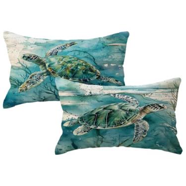 Imagem de ULOVE LOVE YOURSELF Capa de almofada de tartaruga marinha azul turquesa estilo mediterrâneo tema oceano mar decorativa capa de almofada lombar 30 x 50 cm, 2 pacotes de decoração de casa de praia