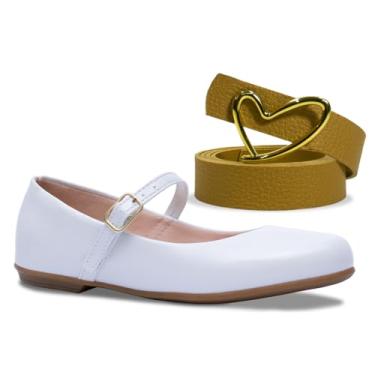 Imagem de Kit Cinto E Sapatilha Salto Feminino Infantil Sapato K43 (Sapatilha Branca com Cinto Caramelo, BR, Criança de 4 a 8 anos, Numérico, 29)
