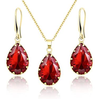 Imagem de Jertom Conjunto de joias de cristal austríaco banhado a ouro 14 k com pingente de gota e brincos em forma de pera para mulheres e meninas, ruby set gold, Latão Cobre Pedra preciosa, Rubi Zircônia cúbica Diamante criado