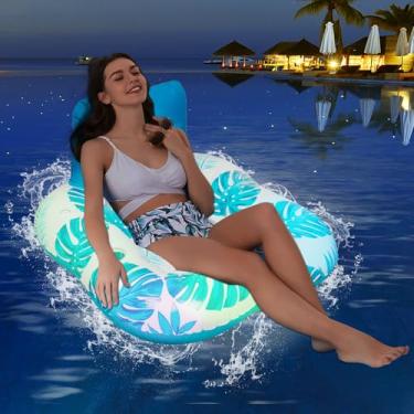 Imagem de Espreguiçadeira inflável para adultos, cadeiras flutuantes com luzes LED que mudam de cor, boia de espreguiçadeira de piscina com porta-copos, encosto e fundo de malha para piscina, praia e festas