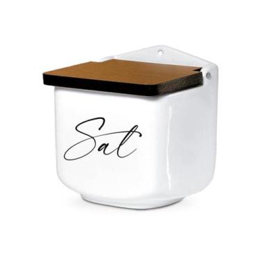 Imagem de Saleiro de Cerâmica Branco Decorado e Tampa de Madeira - Cerâmica Regi