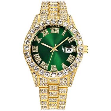 Imagem de Relógio masculino com pedras grandes e numerais romanos, mostrador totalmente colorido, relógio dourado, Dourado, verde,