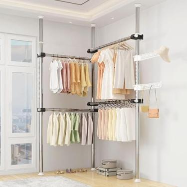 Imagem de Roupas telescópicas Rail para roupas pesadas roupas de vestuário Rack de roupas Diy Roupas Roupas penduradas Rail com gancho pendurado Altura ajustável 110-310cm Largura ajustável 78-125cm,