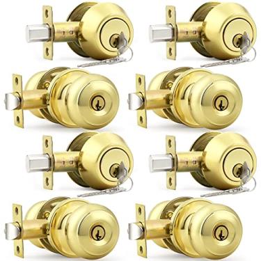 Imagem de Probrico Conjunto de maçaneta de porta de entrada com chave de latão polido e fechadura de fechadura de cilindro duplo, com chave semelhante, conjunto de 4
