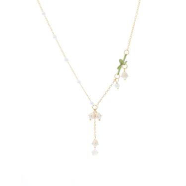 Imagem de Colar feminino com folhas de flor rosa e lírio do vale, banhado a ouro, boho, branco, flores, borla, pérola, verde, folha, casamento, casamento, primavera, férias, presentes, Large, Liga de aço