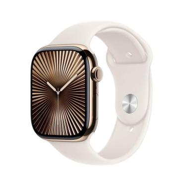 Imagem de Apple Watch Series 10 GPS + Cellular • Caixa dourada de titânio – 46 mm • Pulseira esportiva estelar – M/G