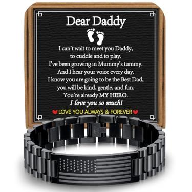 Imagem de VULETO Pulseira para presente To My Man Boyfriend Husband Dad Son de aço inoxidável, bandeira americana, pulseira de elos de relógio, dia dos pais, presente de Natal para homens, one size, Sem Pedra