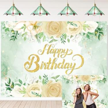 Imagem de Pano de fundo verde sálvia com glitter verde folhas de eucalipto rosa branca fundo fotográfico para decoração de festa de aniversário de meninas (208 x 149 cm (7 x 5 pés))