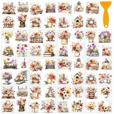 Imagem de AHANDMAKER Adesivos de transferência de 12 folhas, flor, livro, jardim, borboleta, pássaros para casa, sala de aula, artesanato decoração de porcelana de vidro, 14 x 14 cm