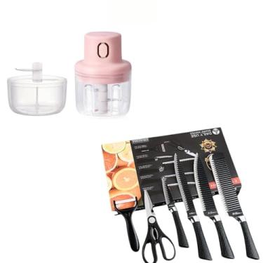 Imagem de Kit Cozinha Completa com Triturador Eletrico 250ml Sem Fio USB e Jogo de Facas Inox 6 Pecas com Tesoura e Descascador Ideal para Temperos Alho Cebola Legumes e Carnes