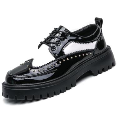 Imagem de Sapato social masculino plataforma de couro envernizado clássico bico redondo sola grossa cadarço Oxfords conforto salto Derby Business casual sapatos, Preto e branco, 44