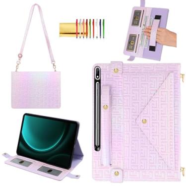 Imagem de Capa brilhante para Samsung Galaxy Tab S10+ 2024/S9 FE+ 2023/S9+ Plus de 12,5 polegadas, capa carteira com suporte para caneta + compartimentos para cartões + alça de mão + alça de ombro, lilás
