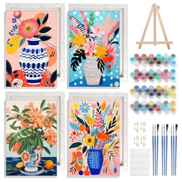 Imagem de GHHKUD Pacote com 4, pintura emoldurada por números, vaso de flores para adultos e crianças, pintura de flores coloridas DIY por números com suporte de madeira para moldura, presentes de arte em tela