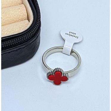 Imagem de Anel aliança Aço Inoxidável Prata Trevo madripérola Branco Inox Pratea