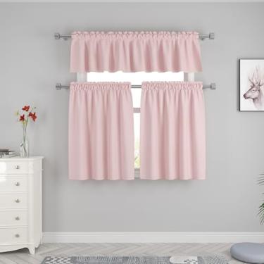 Imagem de UPOPO Conjunto de 3 peças de cortinas e saia rosa cortina de janela de cozinha sobre a pia linho texturizado caravana pequena banheiro curto meia janela café porão bolso para varão 137 x 45 cm/68 x 76