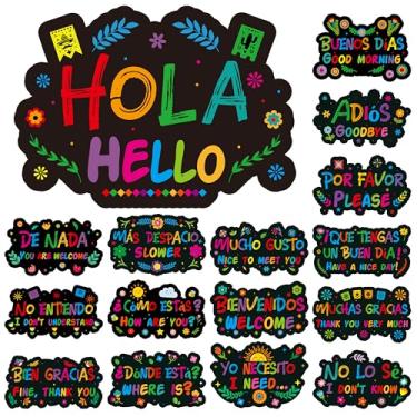 Imagem de WATINC Pôster de frases de palavras em espanhol - Conjunto de pôsteres em espanhol com 16 peças, decorações de sala de aula, materiais de aprendizagem de estudo bilíngue pré-escolar, material para