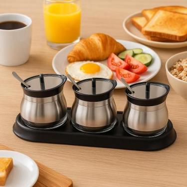Imagem de Conjunto Pote 3 Unidades Condimentos Vidro Recipiente Inox Suporte Col