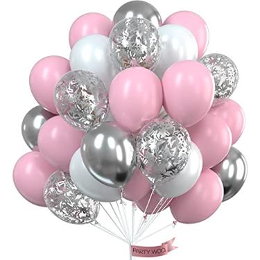 Imagem de PartyWoo Conjunto de balões rosa, 60 balões rosa e branco, balões metálicos prateados, balões de confete prateados, balões de festa, balões de látex, decorações de festa de aniversário, decorações de festa rosa