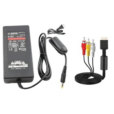 Imagem de Cabo adaptador de carregador CA e cabo AV para Sony PlayStation 2 PS2 Slim A/C 70000 9000 SCPH-70000 SCPH-70000 Kit de conjunto de cabos de substituição para console de jogos de parede e viagem