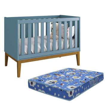 Imagem de Berço Mini Cama Classic Pés Amadeirado com Colchão D18 - Reller Móveis Azul Fosco