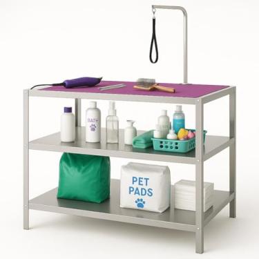 Imagem de Mesa de Aço Inox 304 com 3 Prateleiras, 93x53x84 cm, Acabamento Escovado, para Clínicas Veterinárias e Cozinhas Industriais