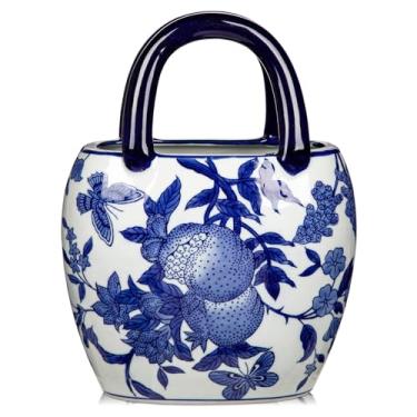 Imagem de Vaso de cerâmica para flores, vasos de porcelana azul e branco para centros de mesa, vasos de mão decorativos médios para flores, cerâmica, vaso de chinoiserie para sala de estar, cozinha, mesa de