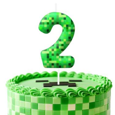 Imagem de Velas de aniversário verdes número 2, topo de bolo com tema de pixel para decoração de bolo para meninos e meninas, decorações de aniversário, suprimentos de festa, velas numéricas para decoração de