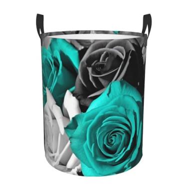Imagem de Cesto de lavanderia preto e branco azul-petróleo cinza rosa flores dobrável à prova d'água cesto de armazenamento de roupas com alças pano oxford organizador de brinquedos cesta para banheiro