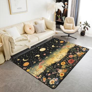 Imagem de Feelyou Tapete de área de sol e lua 3x5 borboleta mariposa flor rústico jardim sala de estar tapetes para quarto boho lua sol estrela tapete de poliéster macio com detalhes