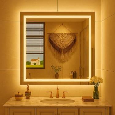 Imagem de Espelho De Led Jateado Quadrado Premium 40x40 Cm Com Fonte - Espelho T