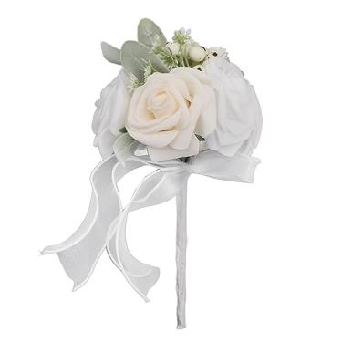 Imagem de Buquê de casamento de noiva romântico Flores de seda artificial Flores de seda falsas Dama de dama de honra decoração de festa em casa perfeita para casamentos chuveiros de noiva (Branco)