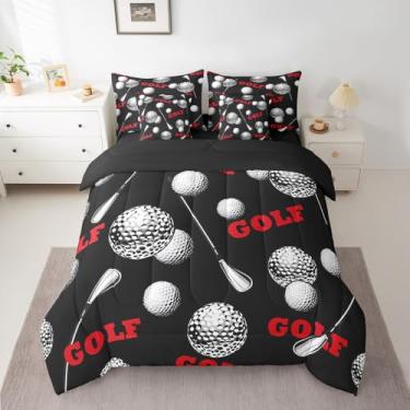Imagem de Conjunto de edredom King de golfe preto e branco para decoração de quarto de crianças, conjunto de cama de taco de golfe macio reversível com edredom, lençóis, fronhas e fronhas, conjunto de cama para