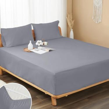 Imagem de HOMTEC Lençol de elástico 100% algodão percal, lençol com elástico profundo de 20 a 38 cm, respirável, macio e nítido, apenas com 4 alças nos cantos (casal, cinza escuro)