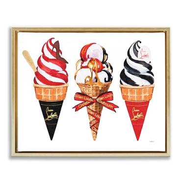Imagem de Stupell Industries Cones de sorvete vermelhos e pretos com moldura dourada flutuante em tela design de arte de parede por Amanda Greenwood, 17 x 21