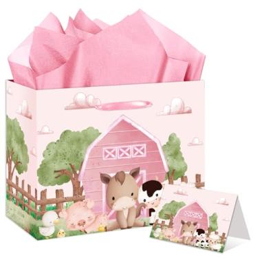 Imagem de EIGHTSTATES Conjunto grande de sacolas de presente de animais de fazenda - Bolsa de presente de aniversário rosa com cartão de felicitações e papel de seda para decoração de chá de bebê, decoração de