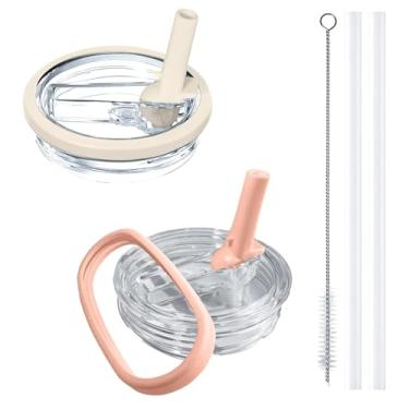 Imagem de Aooiiysd Pacote com 2 tampas de reposição Stanley Cup 1,134 g, para Stanley Quencher H2.0, design à prova de derramamento, material antiqueda e resistente ao calor (conjunto bege e rosa)