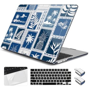 Imagem de Yebiseven Capa para MacBook Air de 15 polegadas M4 lançado em 2025 2024 2023 A3241 A3114 M3 A2941 M2, capa rígida para laptop com capa de teclado e filme trackpad e 2 adaptadores OTG, palmeiras azuis