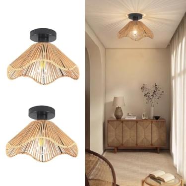 Imagem de Surpars House Luminária de teto Boho de vime, mini lustre de vime, luminárias de teto tecidas à mão para corredor, quarto, cozinha, entrada, sala de estar (marrom claro 2)