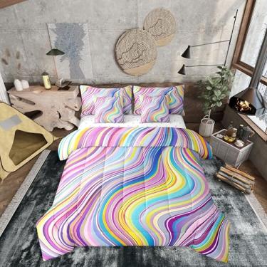 Imagem de Erosebridal Conjunto de edredom listrado arco-íris tamanho casal com lençol geométrico abstrato em uma bolsa para crianças, meninas, mulheres, fluido, boho, tribal, fantasia, amarelo, rosa, todas as