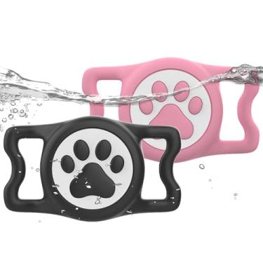 Imagem de WhoseID Suporte para etiqueta IP68 Waterpoof Dog AirTag, suporte de silicone elástico para Apple Air Tag para coleira de cachorro e gato, adequado para coleira de todas as larguras (preto/rosa)