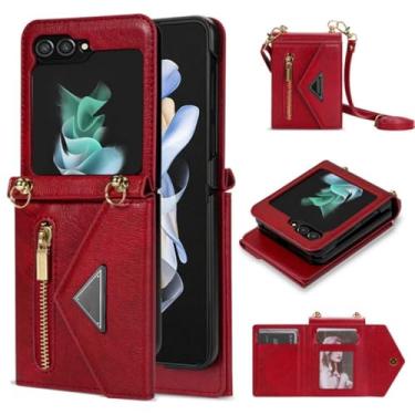 Imagem de Capa de telefone de couro com cordão crossbody para Samsung Galaxy Z Flip 6 5 4 Flip6 Flip5 Flip4 Capa de suporte para cartão de carteira com zíper, vermelha, para Galaxy Z Flip4