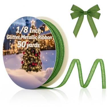 Imagem de Norme Fita metálica com glitter de 1/20.3 cm para artesanato DIY, 50 metros fita de tecido de costura brilhante para presente para Natal, casamento, aniversário, chá de bebê (verde)