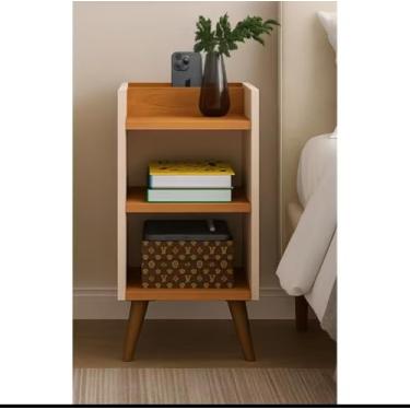 Imagem de Mesa de Cabeceira Moderna em Madeira, 3 Prateleiras, Pés Palito, Design Minimalista, Marrom e Bege