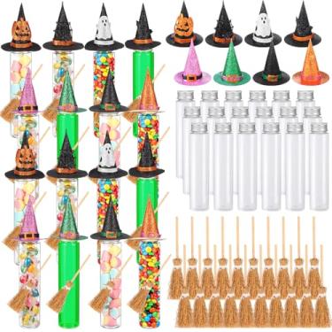 Imagem de Honeydak Conjunto de 16 tubos de doces de Halloween, doces ou travessuras, tubos de teste de plástico transparente de 113 g com tampas de parafuso, chapéus de bruxa e vassouras, recipientes de