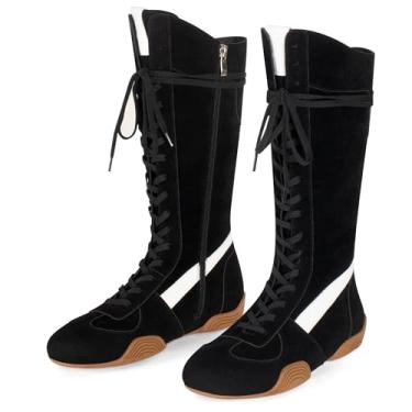 Imagem de Botas femininas de camurça, cadarço, cano alto, boxe – estilo retrô, moda urbana, cano alto, com zíper, sola antiderrapante, Preto, 41