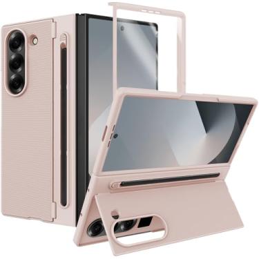 Imagem de Capa para Samsung Galaxy Z Fold 6 com suporte e caneta S [S Pen incluída] [Suporte invisível] Capa protetora fina à prova de choque para Galaxy Z Fold 6 com S Pen dourada