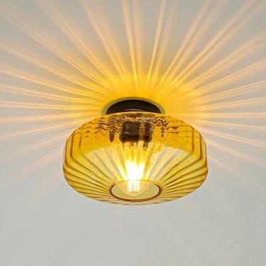 Imagem de FCTWAKS Luminária de teto de montagem semiembutida, 1 luz moderna de meados do século 1 de 30 cm com persiana de vidro âmbar de tambor para entrada de quarto, corredor, varanda